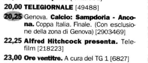 Palinsesto Raiuno del 20 aprile 1994 con Sampdoria-Ancona e l’indicazione “con esclusione della zona di Genova”