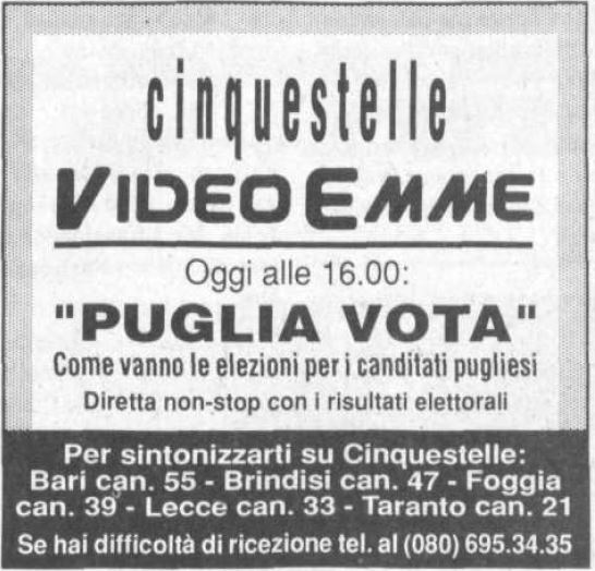 Inserzione di Cinquestelle VideoEmme per Puglia Vota, diretta elettorale del 6 aprile 1992 dedicata ai candidati pugliesi