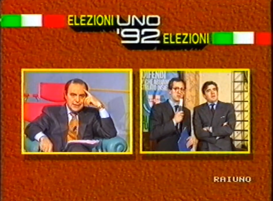 Bruno Vespa durante Elezioni Uno ’92, in collegamento con Pier Ferdinando Casini dalla sede della Democrazia cristiana