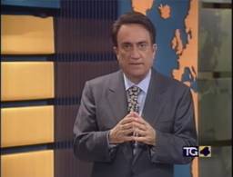 Emilio Fede nello studio del Tg4 durante lo speciale dedicato ai risultati delle elezioni politiche del marzo 1994.